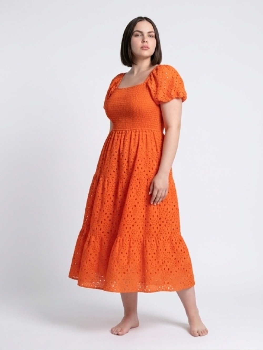 Orange Eyelet Midi Dress – Puff Sleeve Smocked Bodice | Summer / Vacation